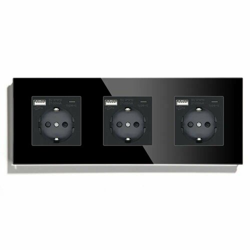 Розетка электрическая 2 поста, с Usb/Type-C АC, рамка 157х86мм стекло, цвет золотой