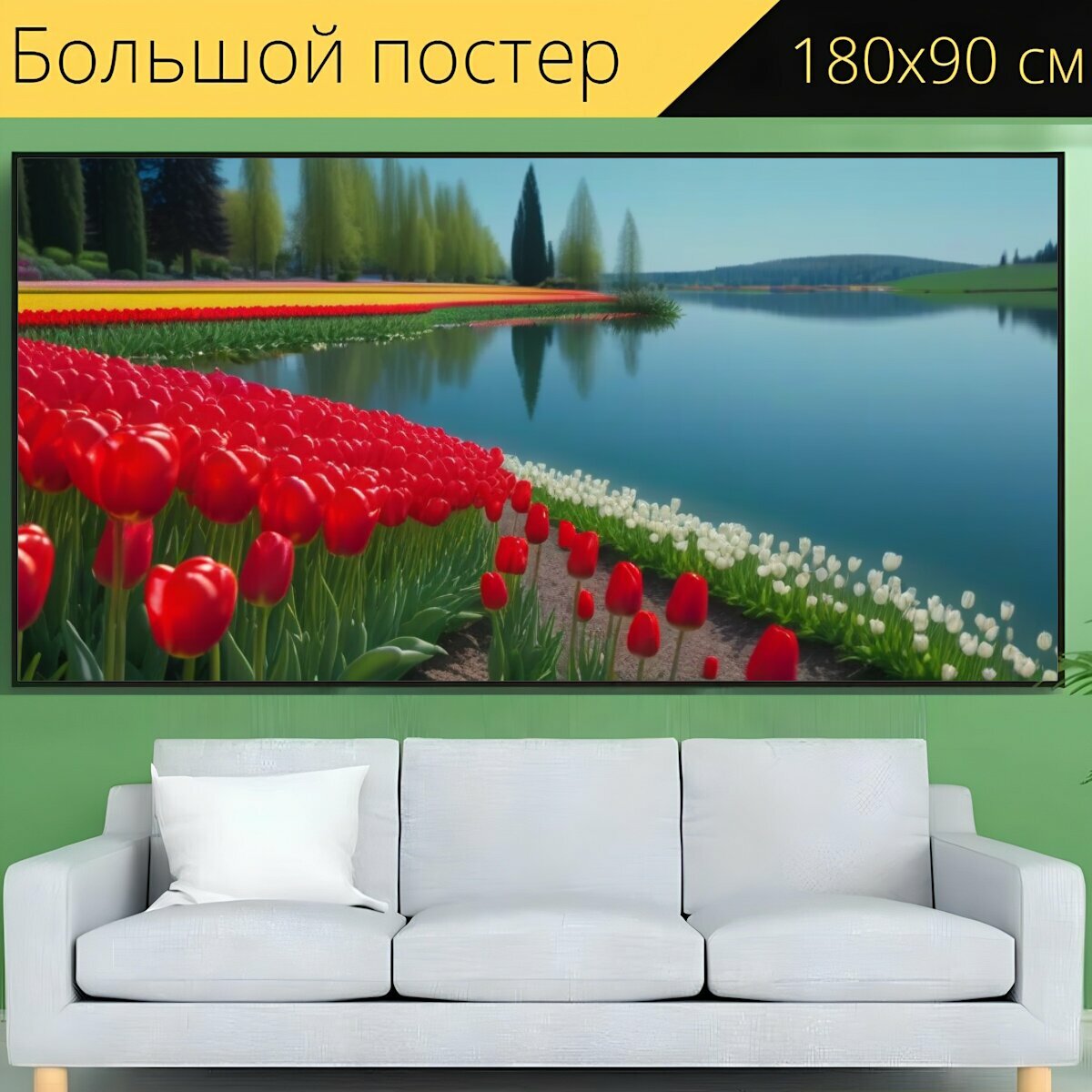 Большой постер "Нежные тюльпаны и волшебное озеро" 180 x 90 см. для интерьера на стену в тубусе