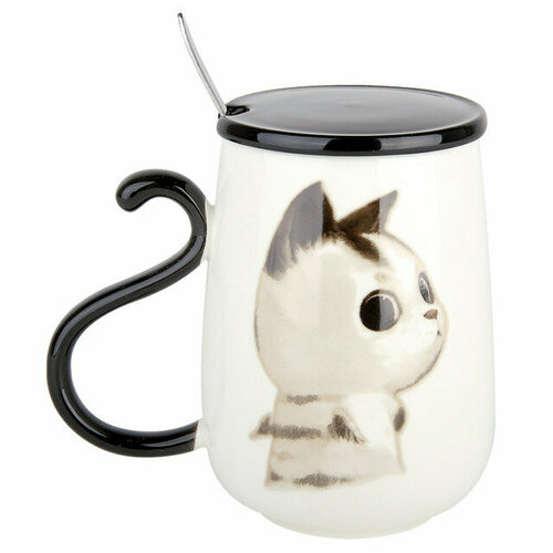 Кружка Котик 300мл с крышкой и ложкой фарфор микс дизайна под. уп.