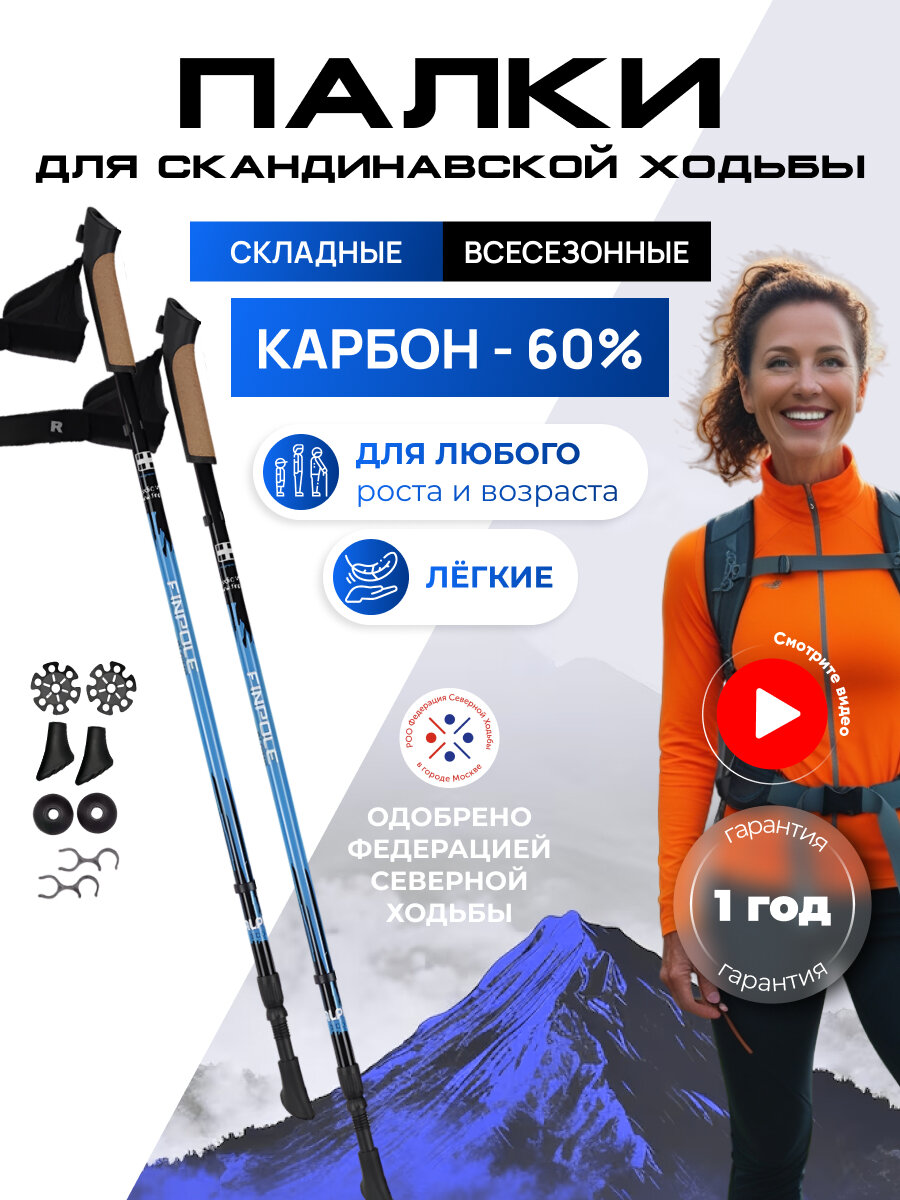 Палки для скандинавской ходьбы телескопические Finpole AP карбоновые синие