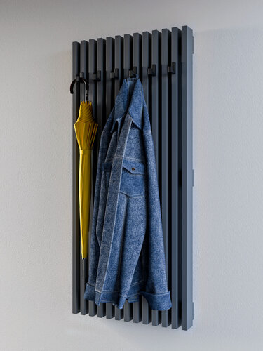 Изображение товара Вешалка настенная в прихожую с рейками и черными крючками графит