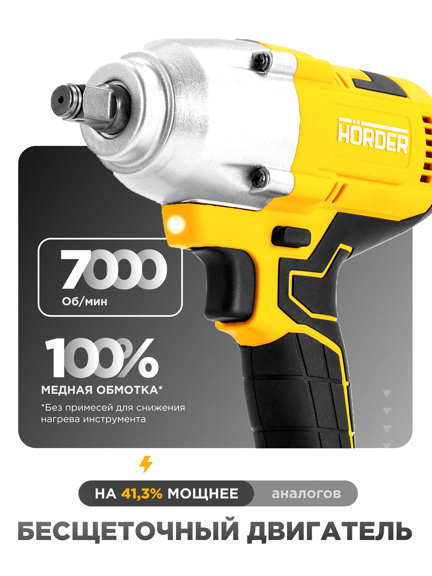 Гайковерт HORDER HW-1800, бесщеточный, ударный, в кейсе, 2 аккумулятора, 2000 Н·м — фото 1