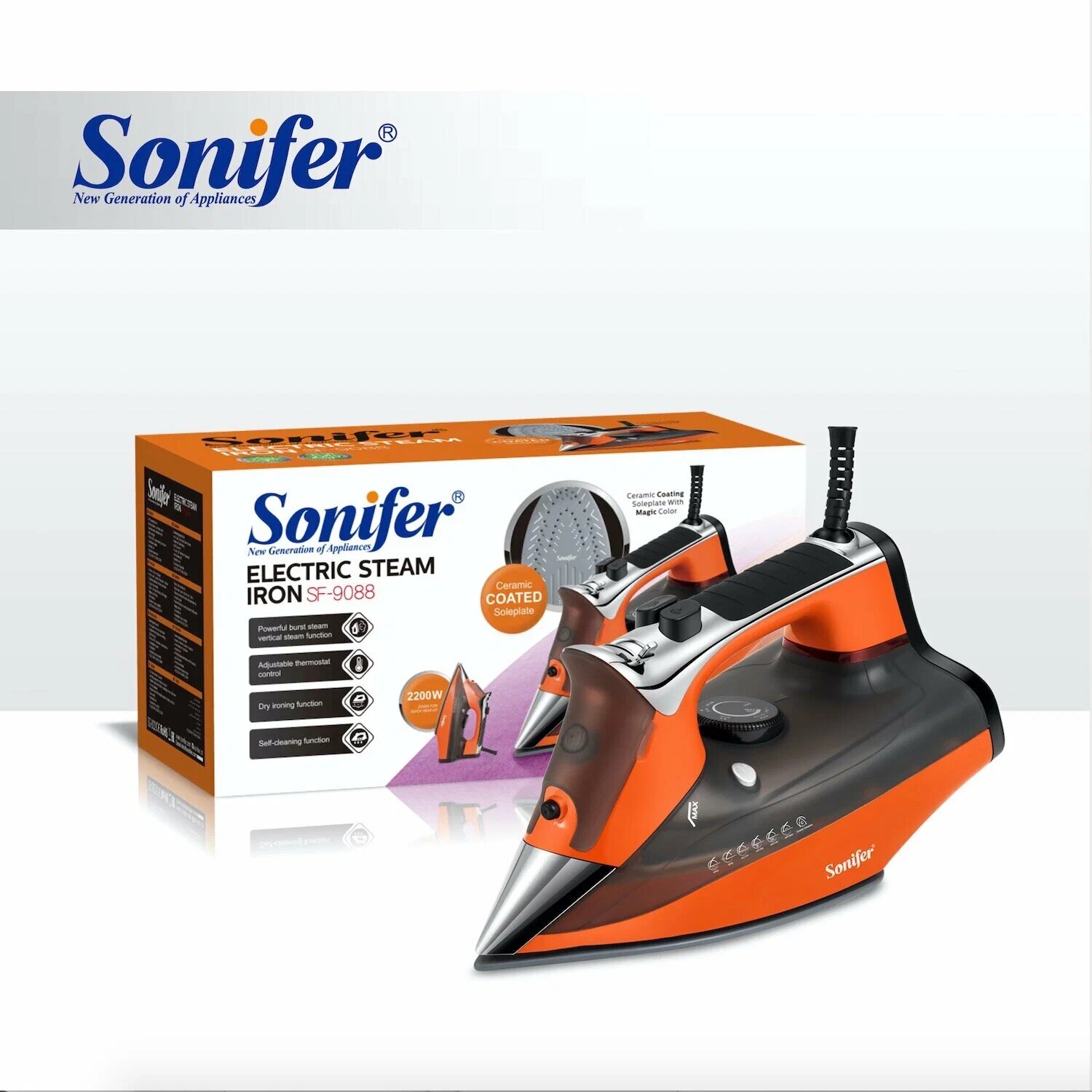 Утюг электрический SONIFER SF-9088 гладить одежду , металлокерамическая подошва, мощность 2200Вт, красный