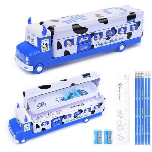 Пенал металлический Alingar "Milk", Автобус, синий, 2 отделения, 50х190 мм, с наполнением (AL8614/1)