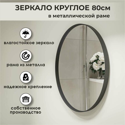 Зеркало круглое в белой металлической раме 80 см, зеркало для ванной, зеркало настенное, зеркало интерьерное, зеркало в офис