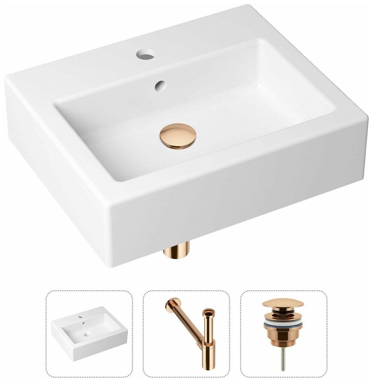 Накладная раковина в ванную Lavinia Boho Bathroom Sink 21520661 в комплекте 3 в 1: умывальник белый, донный клапан и сифон в цвете розовое золото