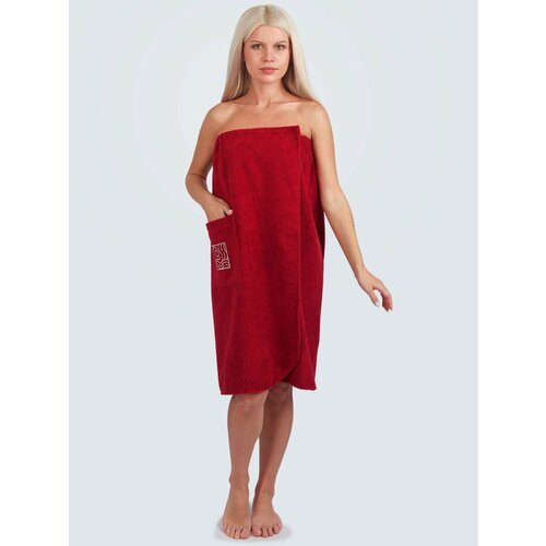 Парео/накидка для бани женская с вышивкой VALENOK RED, 100% хлопок, 2-х сторонняя махра 400 гр, усиленная липучка, 150х80 см.