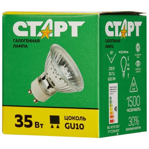 фото Электрическая лампа старт галог.зеркал.35w gu10 220v mr16, 2 шт