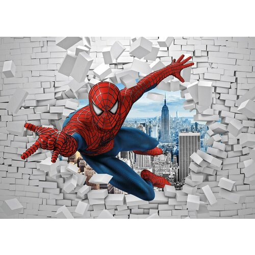 Моющиеся виниловые фотообои Человек-паук. Сквозь стену 3D детские, 380х270 см