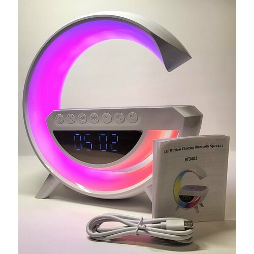 Светильник Ночник c беспроводной зарядкой для телефонаBluetooth-колонка FM радио часы будильник 206200₽