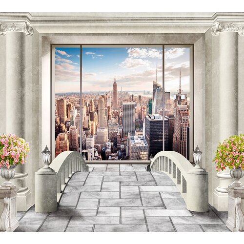 Моющиеся виниловые фотообои GrandPiK Вид на Манхеттен через панарамное окно, 300х270 см