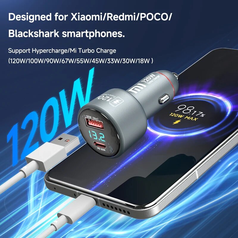Изображение Автомобильное USB-зарядное устройство Xiaomi 120 Вт 90 Вт 67 Вт 12 В Автомобильное зарядное устройство для телефона 1a1c Xiaomi 14 15 Ultra 14T Pro Poco F7 Ultra F7 Pro X7 Pro Redmi Pad only charger