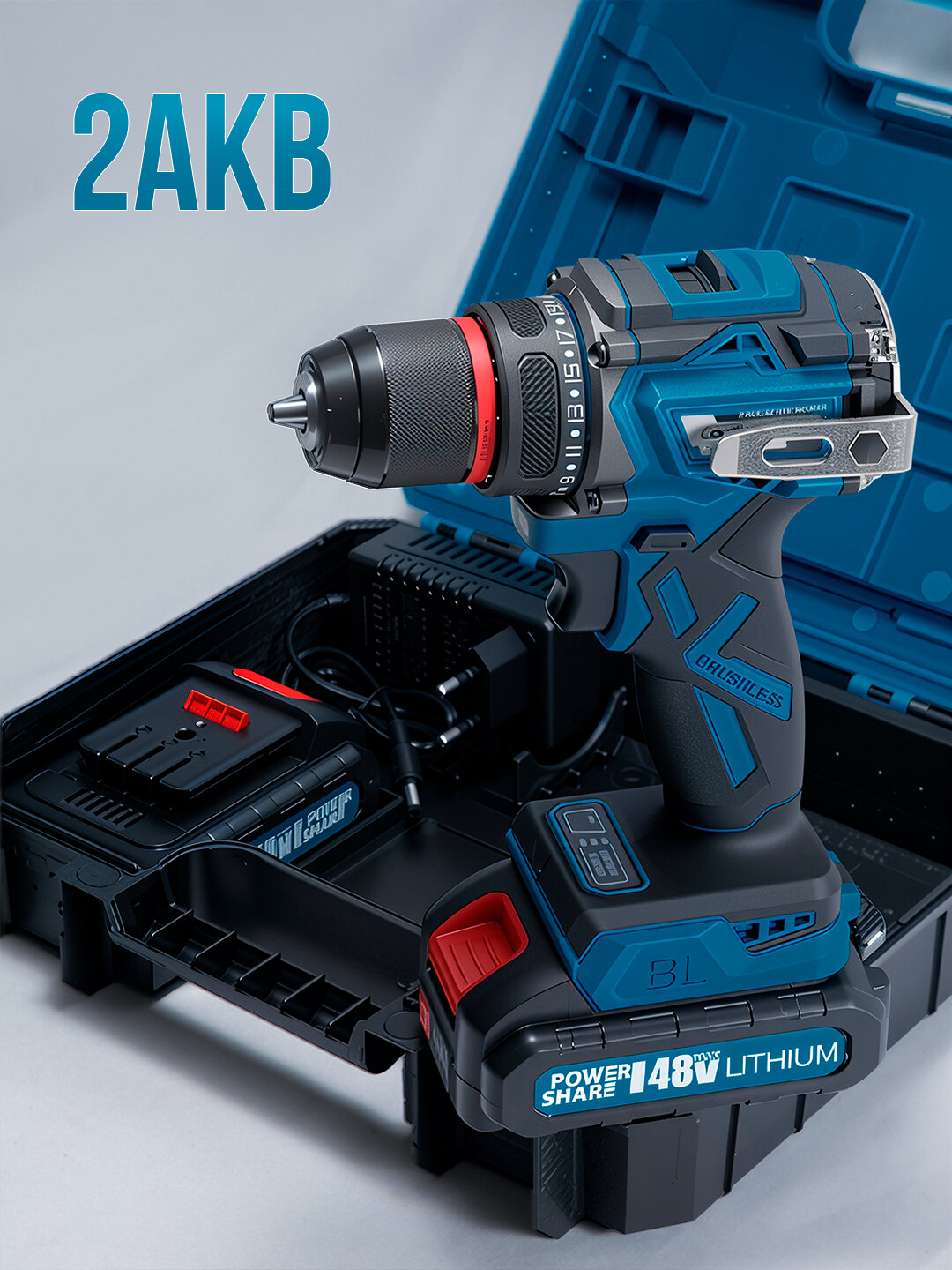 Шуруповерт, набор инструментов, 24 предмета, 10 мм, безщёточный мотор — фото 1