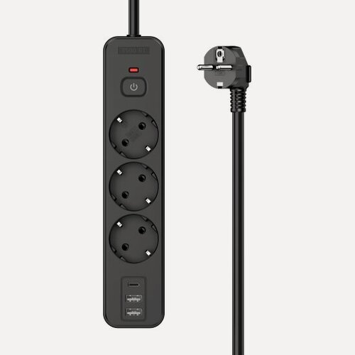 Изображение товара Сетевой фильтр Perfeo "REAL HOME" 1,0м, 3 розетки, 2USB+1TYPE-C, 16А, 3500 Вт, тройная защита, черный.