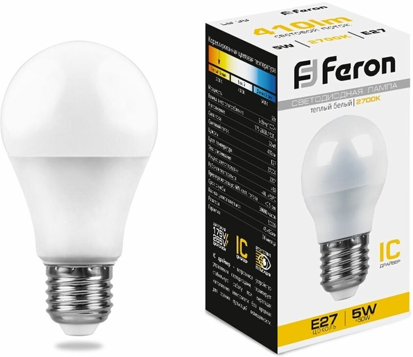 Светодиодная LED лампа шар Feron G45 E27 (е27) 5W(Вт) 2700K 420lm 80x45 220V LB-38 25404