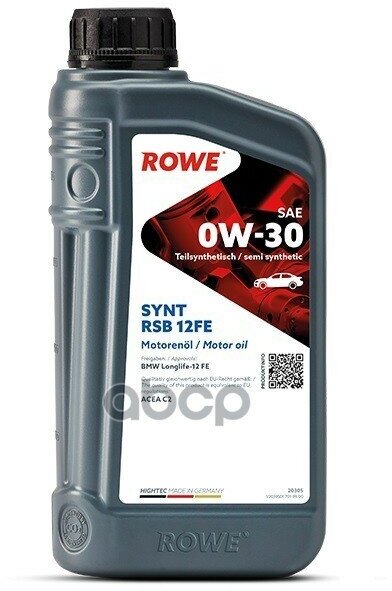 ROWE Моторное Масло Hightec Synt Rsb 12Fe Sae 0W-30 1L Acea A5/B5, C2, Api Sp Rc/Sn Plus Rc (Resource Conserving), Ilsac Gf-5/-6.