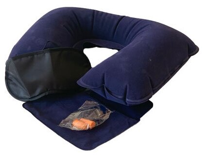 Подушка для шеи надувная Flyandtrip 42х26см синяя с маской на глаза беруши и чехлом 1 комплект