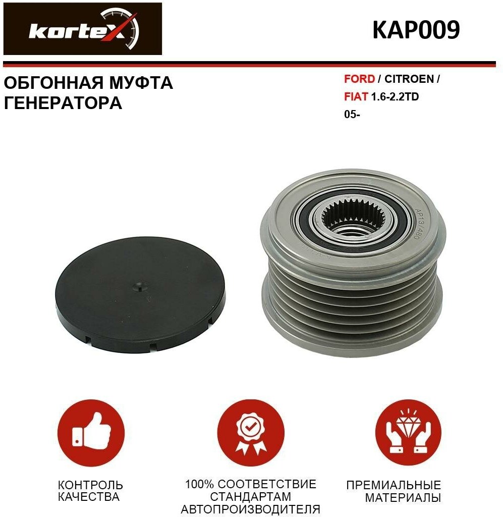 Обгонная муфта генератора Kortex для Ford / Citroen / Fiat 1.6-2.2TD 05- OEM 30667687, 535005910, 77362558, KAP009