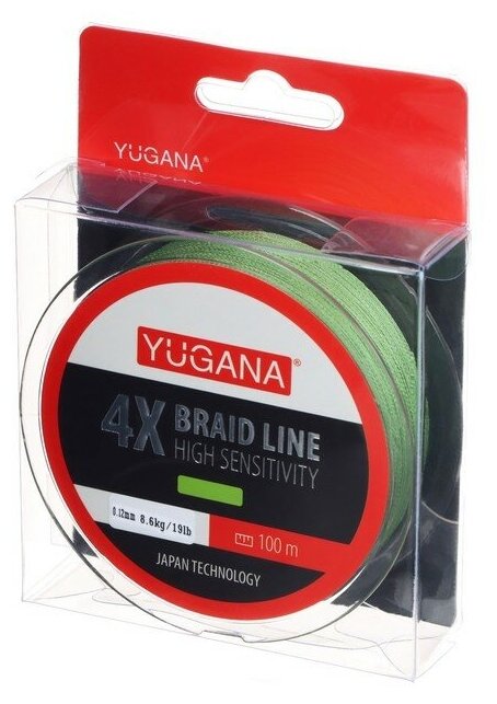 Леска плетеная YUGANA X4 PE, диаметр 0.12 мм, 8.6 кг, 100 м, зелёная