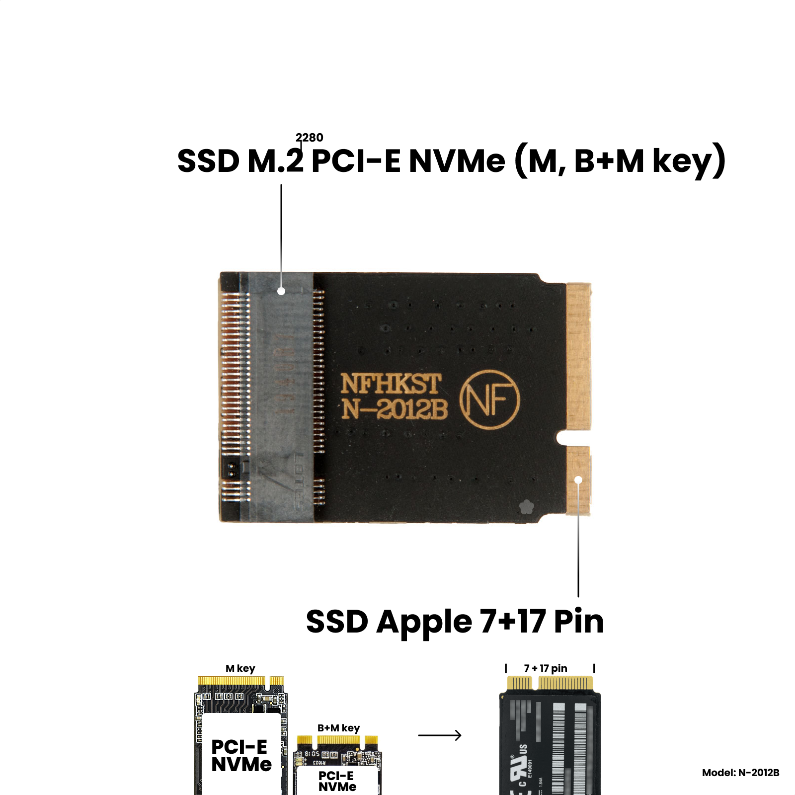 Адаптер-переходник для установки диска SSD M.2 NVMe (M key) в разъем Apple SSD (7+17 Pin) на MacBook Air 11" 13" Mid 2012 / NFHK N-2012B