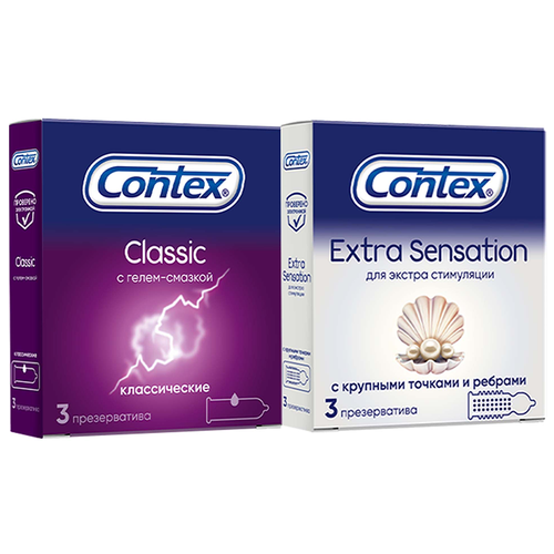 Купить Набор: Презервативы Contex®: Classic - гладкие №3; Презервативы Contex®: Extra Sensation - с крупными точками и ребрами №3, бесцветный, натуральный латекс