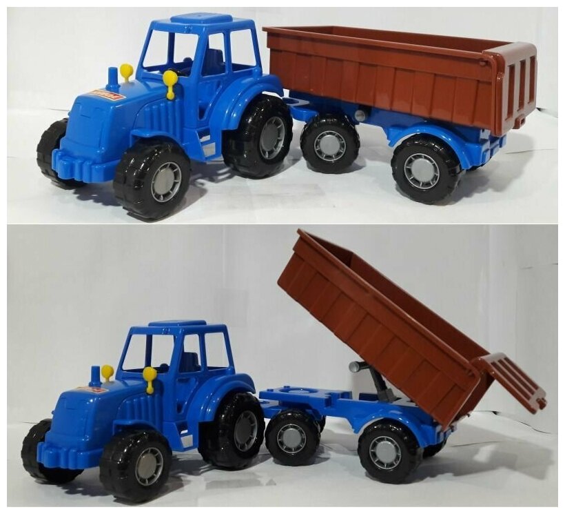Игрушечный синий трактор с поднимающимся прицепом-кузовом для перевозки грузов 44,7 см