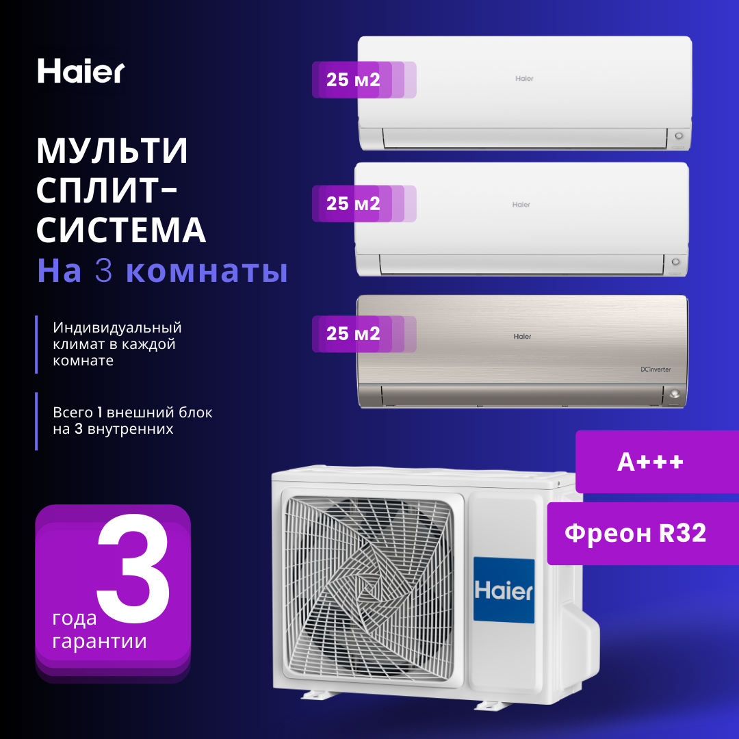 Мультисплит-система Haier FLEXIS с увеличенными длинами трасс 2 х AS25S2SF2FA-W + AS25S2SF2FA-G / 3U70S2SL5FA на 3 комнаты 25+25+25 м2