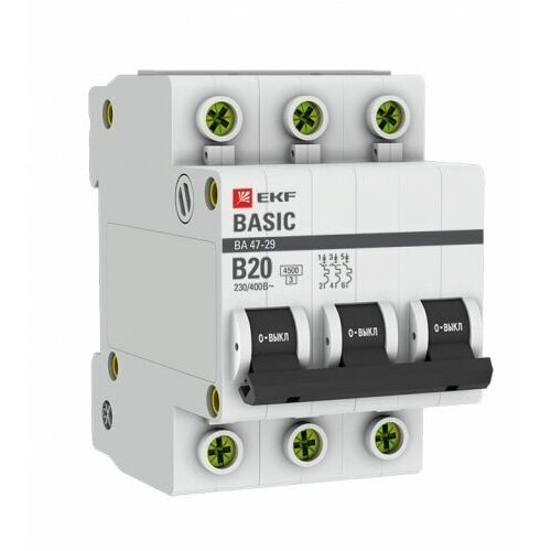 Автоматический выключатель 3P 20А (B) 4,5кА ВА 47-29 EKF Basic (арт. mcb4729-3-20-B)(4шт) автоматический выключатель 3p 6а b 4 5ка ва 47 29 ekf basic