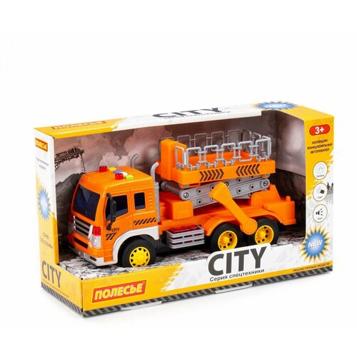 Автомобиль Сити с подъёмником, инерционный, со светом и звуком, цвет оранжевый