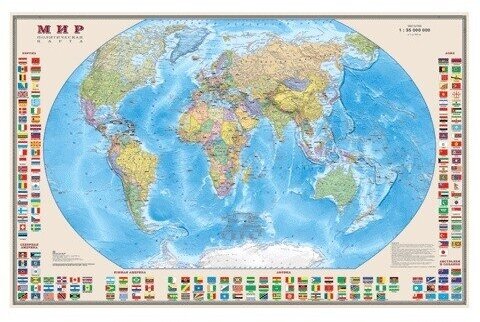 Карта настенная DMB "Мир. Политическая карта с флагами", Масштаб 1:30 млн, размер 122х79 см, ламинированная (377)