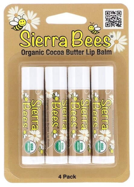 Sierra Bees, Органические бальзамы для губ, какао-масло, 4 шт., 4,25 г каждый