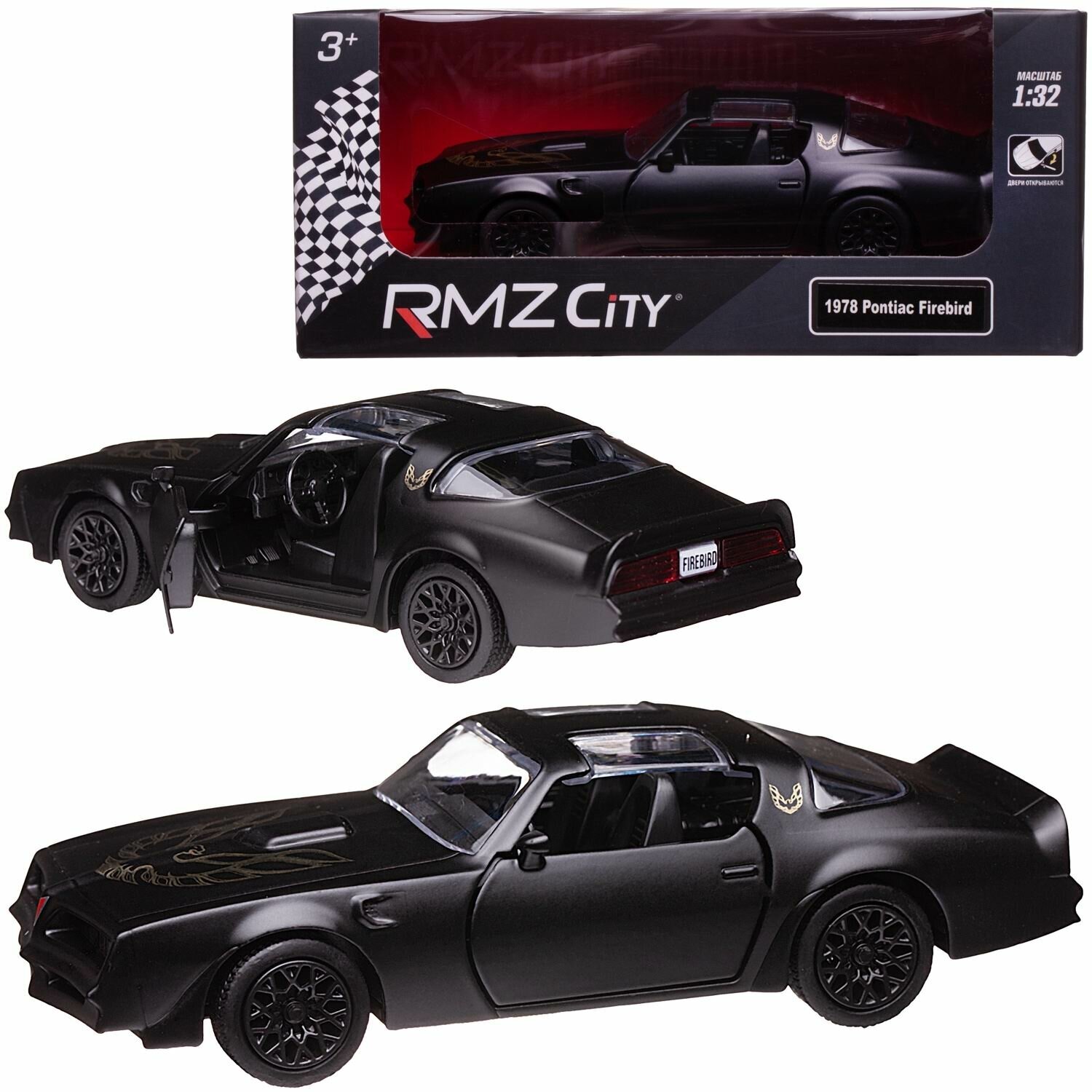 Машина металлическая RMZ City 1:32 Pontiac Firebird 1978 черный матовый цвет двери открываются