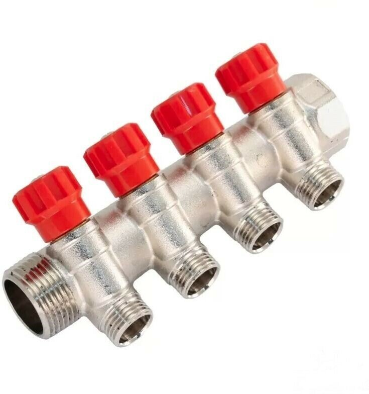 фото Коллектор отопления 4 выхода 1/2" x 3/4" с регулирующими вентилями
