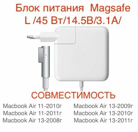 Блок питания для Macbook Magsafe L /45 Вт/14.5В/3.1А/зарядка сетевой адаптер для Macbook Air 13 2008 - 2011