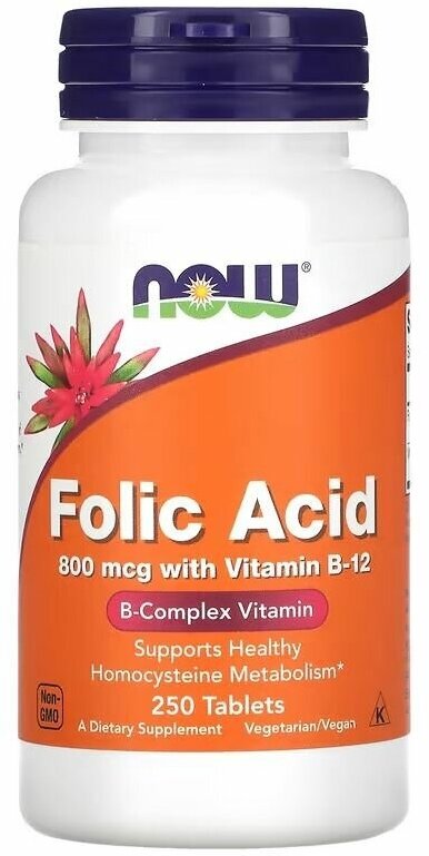 NOW Folic Acid 800 mcg. 250 шт/ Нау Фолиевая Кислота 800 мкг, Витамин B-12 25 мкг. 250 таблеток/ Витамины