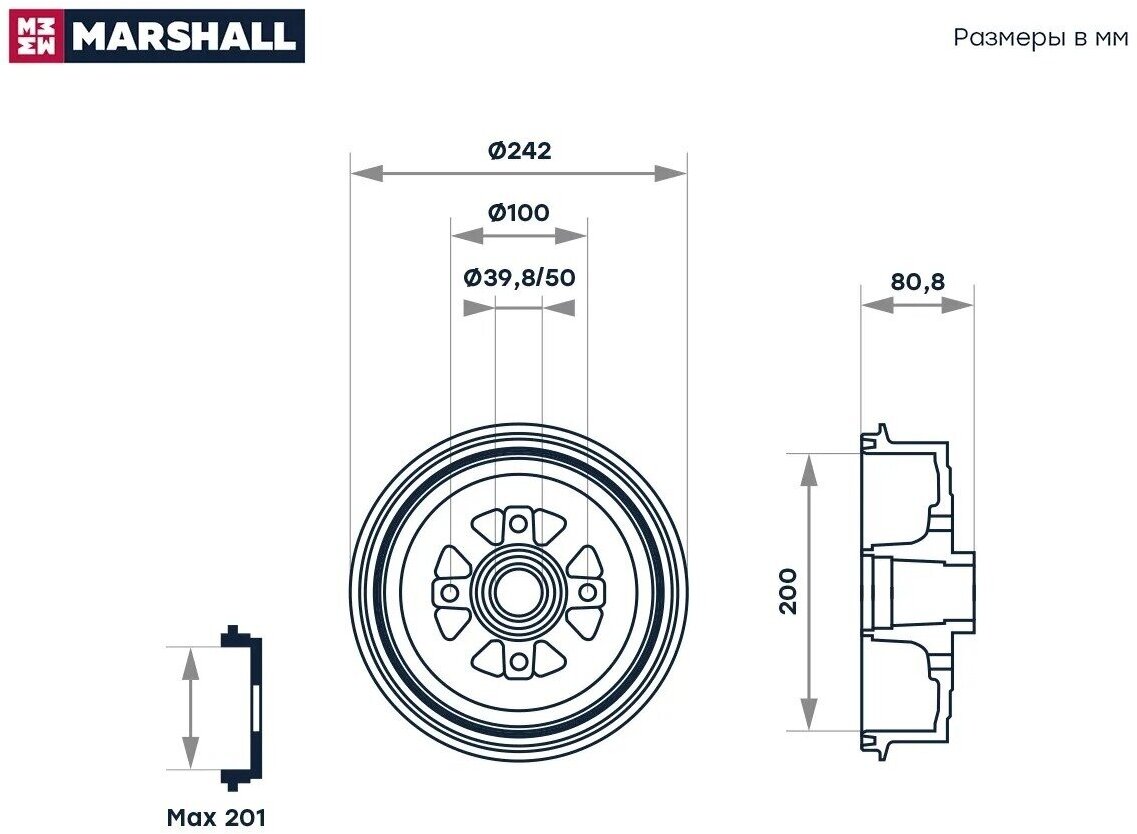 Тормозной барабан задн Chevrolet Lanos 05 Daewoo Espero 95 M1900906 MARSHALL M1900906