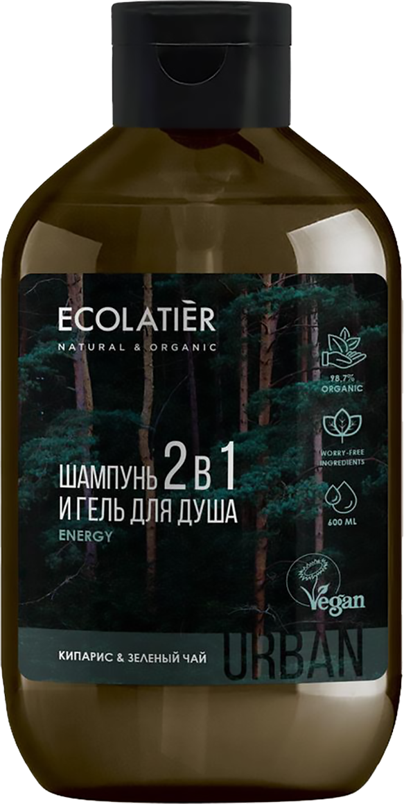 Ecolatier Мужской гель для душа и шампунь 2 в 1 кипарис & зеленый чай, 600 мл, Ecolatier