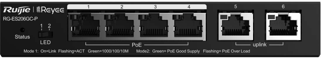 Коммутатор Reyee 6-Port Gigabit Smart POE Switch, 4 PoE/POE+ Ports with 2 Gigabit RJ45 uplink ports, 54W PoE power budget, Desktop Steel Case (RG-ES206GC-P) Ruijie - фото №2