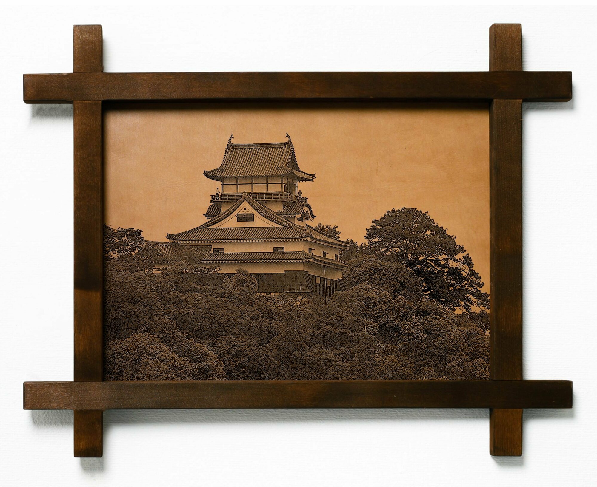 Картина Замок Инуяма, Япония, гравировка на натуральной коже, интерьерная для украшения и декора на стену в деревянной раме, подарок, BoomGift
