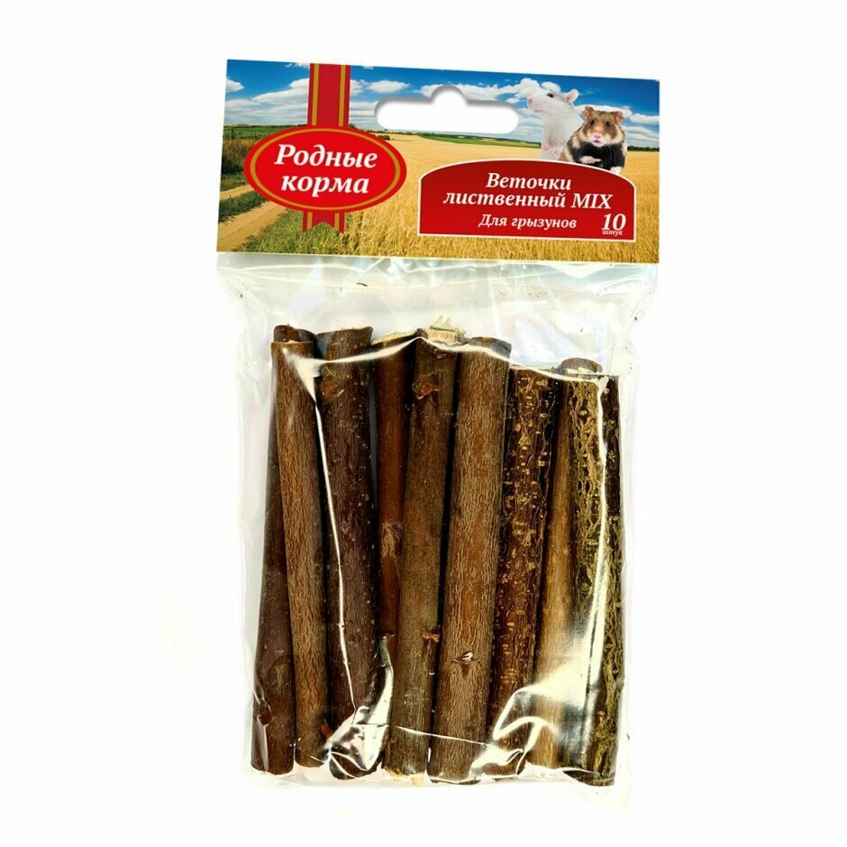 Родные Корма веточки лиственные для грызунов MIX орех, ива, липа, 40 г