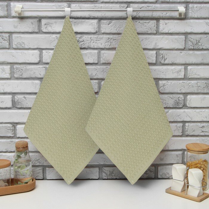 фото Набор кух. полотенец "Доляна" оливковый 35х60см-2шт, 100% хл, вафля, 220 гр/м2