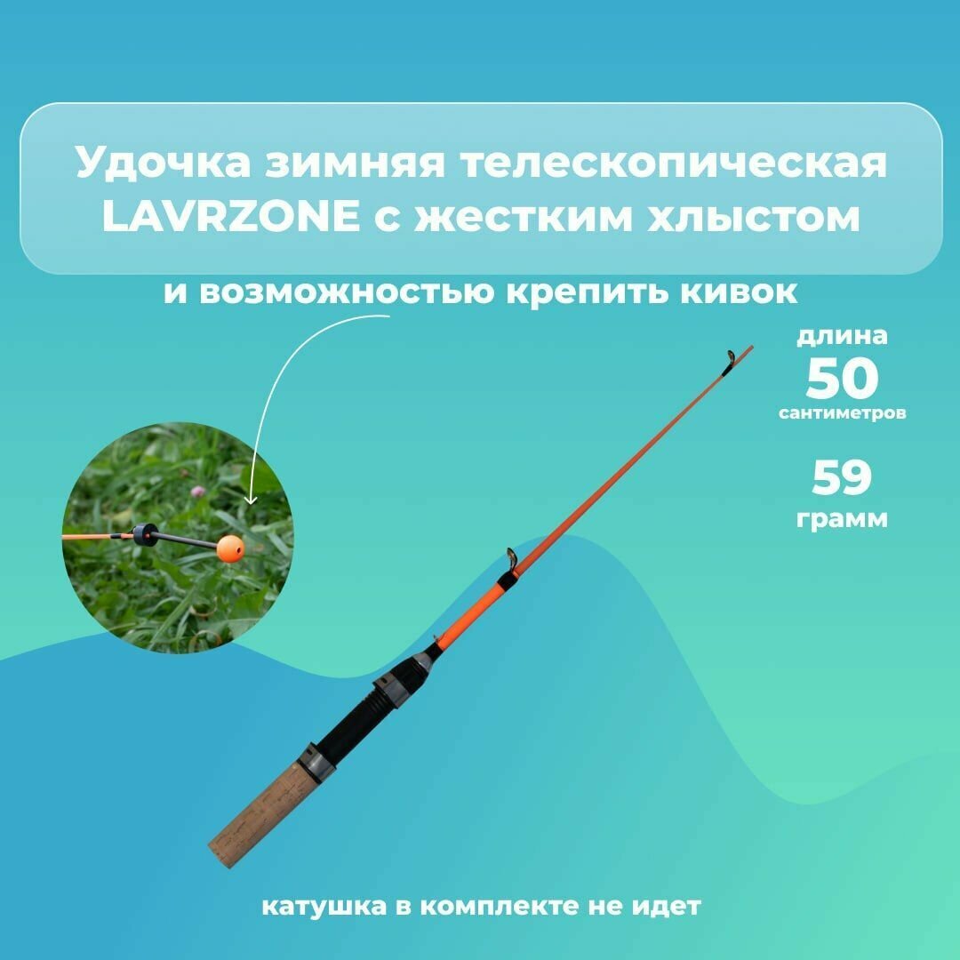 Удочка зимняя телескопическая LAVRZONE 50см для зимней рыбалки с жестким хлыстом и возможностью крепить кивок / оранжевая