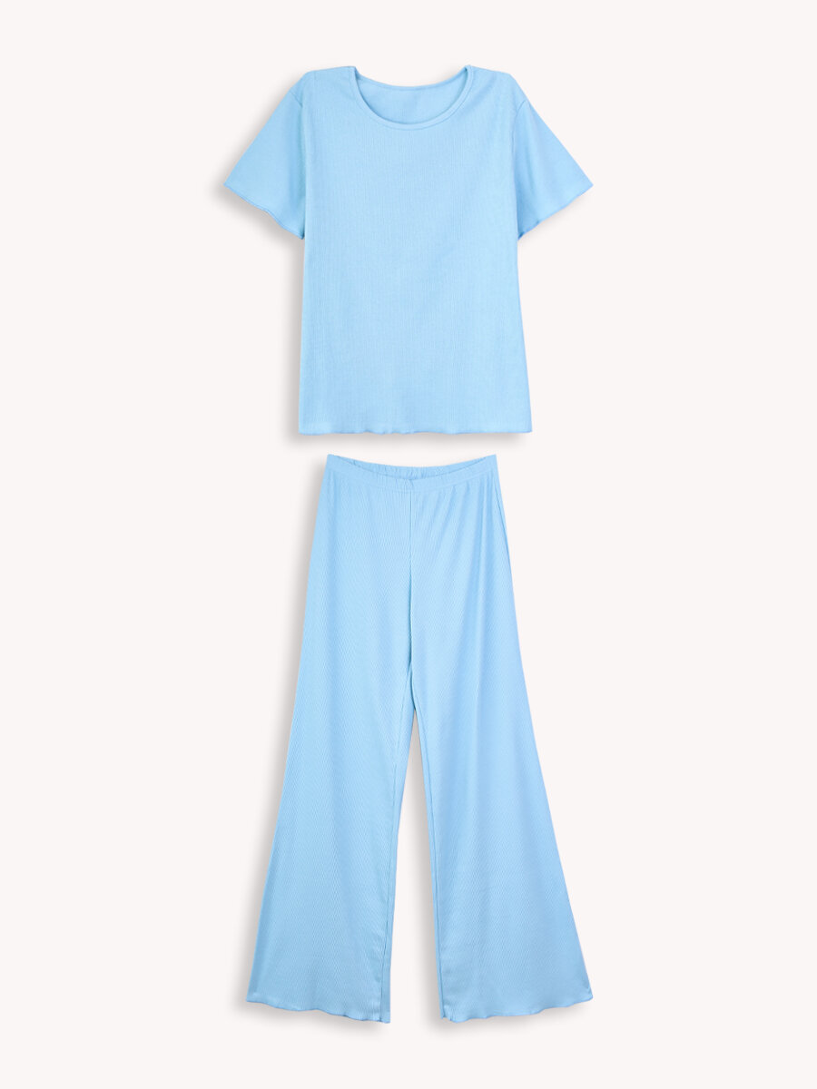 Пижама CATFIT, футболка, брюки, короткий рукав, стрейч, без карманов, трикотажная, пояс на резинке, размер 42, голубой - фотография № 1