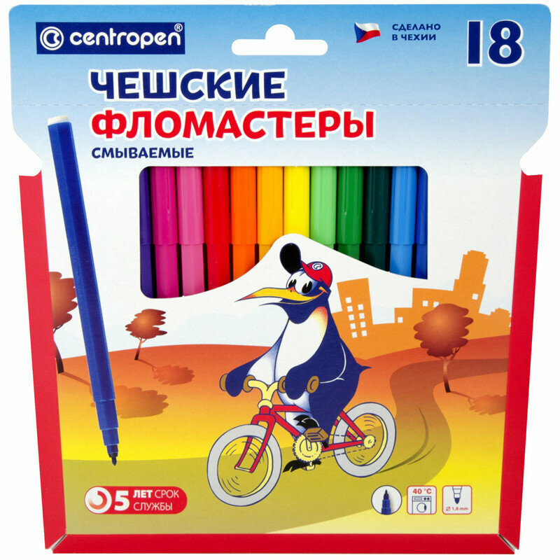 Фломастеры Centropen "Пингвины", 18цв, смываемые, картон, европодвес, 002727