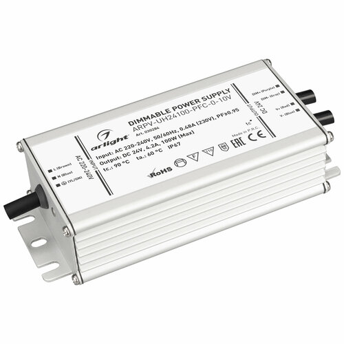 Блок питания ARPV-UH24100-PFC-0-10V (24V, 4.2A, 100W) (Arlight, IP67 Металл, 7 лет) Артикул 030284