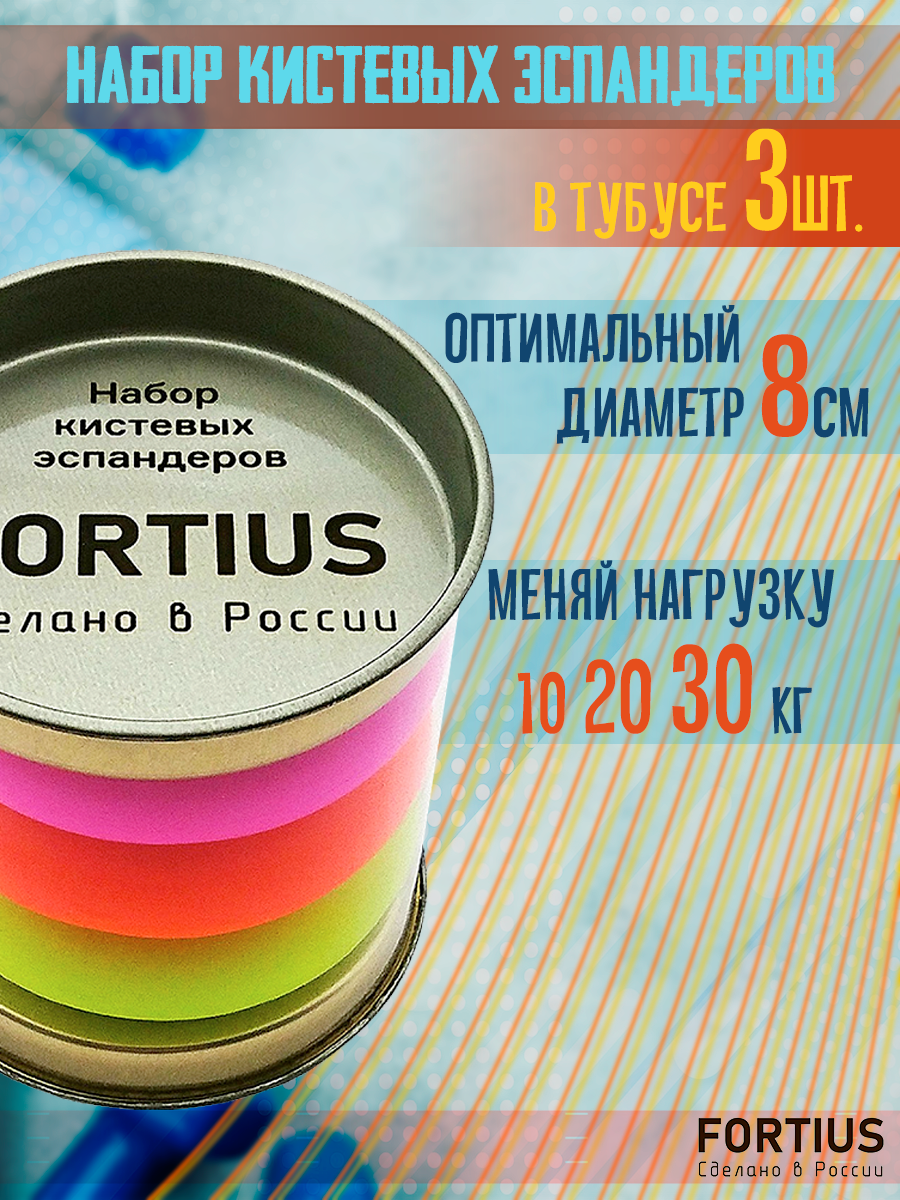 Набор кистевых эспандеров, Fortius, Neon, 3шт (10,20,30 кг), тубус