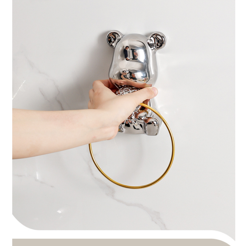 Держатель кольцо для полотенец в ванную комнату MyPads, полотенцедержатель настенный, легкая установка, серебристый с мишкой