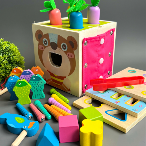 детская развивающая игрушка деревянные сенсорные игрушки устойчивые к царапинам безопасная доска для малышей дошкольное обучение куби Деревянный развивающий многофункциональный игровой набор Бизикуб деревянный 8 в 1