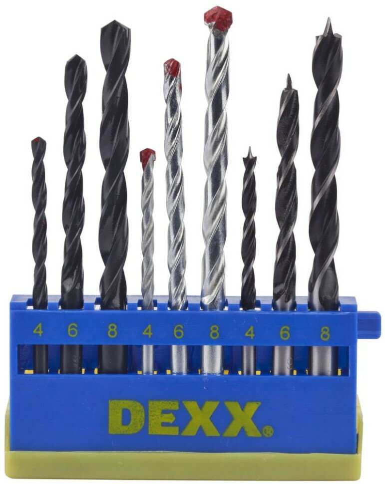 DEXX Набор DEXX: Сверла комбинированные, по металлу d=4-6-8мм, по дереву d= 4-6-8мм, по кирпичу d=4-6-8мм, 9 предметов, ( 2970-H9_z01 )