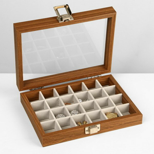 фото Подставка для украшений "Шкатулка дерево" 24 ячейки, 16*21*5 см, цвет серый в дереве, "Queen fair", материал текстиль